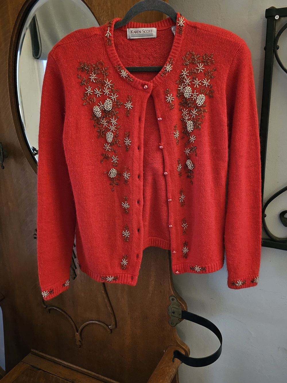 Vintage Karen Scott Silk Angora Beaded Red Cardigan Sweater M Holiday Cottagecor